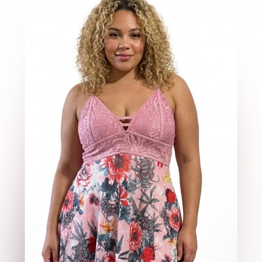 Pink Lace Floral Babydoll Lingerie Plus Size 3X Sheer Mesh Chemise Romantic Sexy